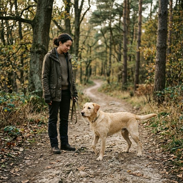 Escena de paseo con perro en estado de alerta